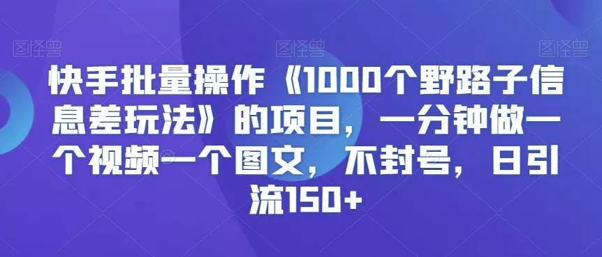 快手批量操作《1000个野路子信息差玩法》的项目，一分钟做一个视频一个图文，不封号，日引流150+【揭秘】-山河网创