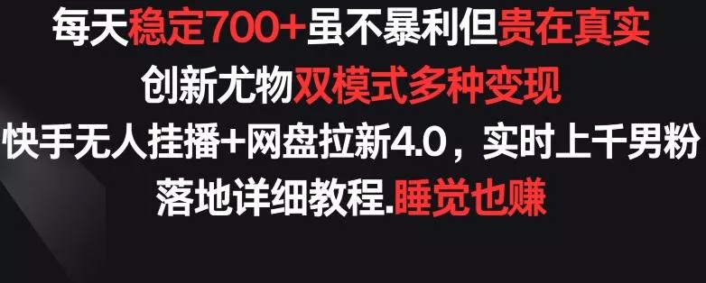 每天稳定700+，收益不高但贵在真实，创新尤物双模式多渠种变现，快手无人挂播+网盘拉新4.0【揭秘】-山河网创