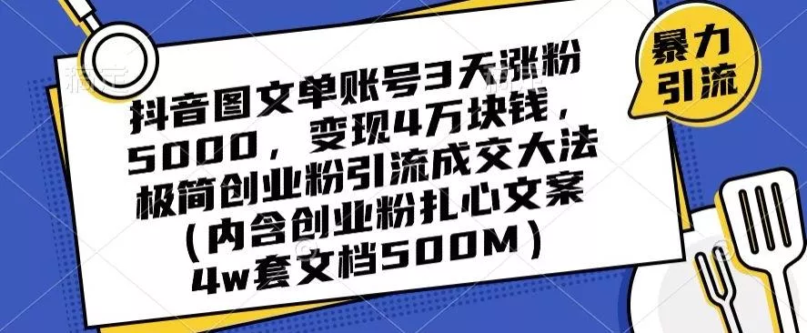 抖音图文单账号3天涨粉5000，变现4万块钱，极简创业粉引流成交大法-山河网创
