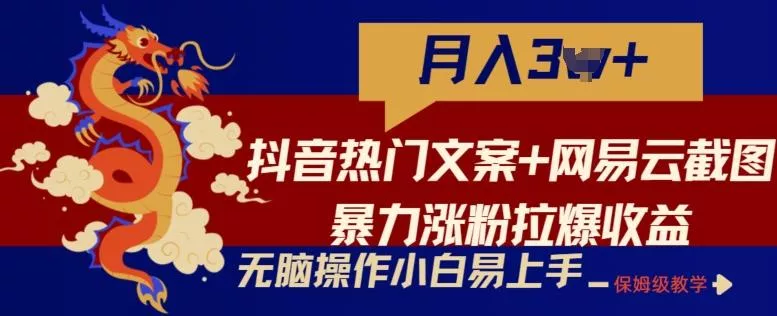 抖音热门文案+网易云截图暴力涨粉拉爆收益玩法，小白无脑操作，简单易上手【揭秘】-山河网创