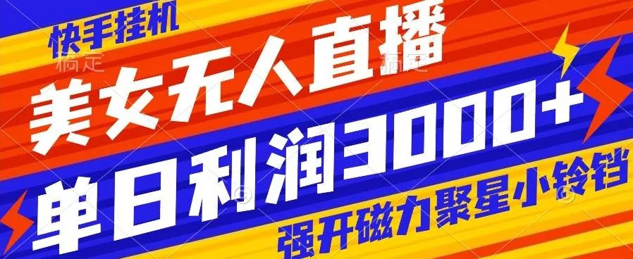 快手挂机，美女无人直播，强开磁力聚星小铃铛，日入3000+-山河网创