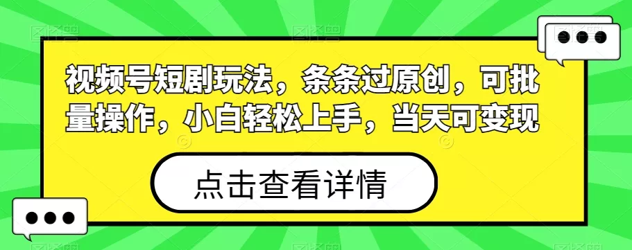 视频号短剧玩法，条条过原创，可批量操作，小白轻松上手，当天可变现-山河网创