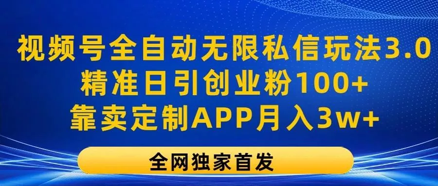 视频号全自动无限私信玩法3.0，精准日引创业粉100+，靠卖定制APP月入3w+-山河网创