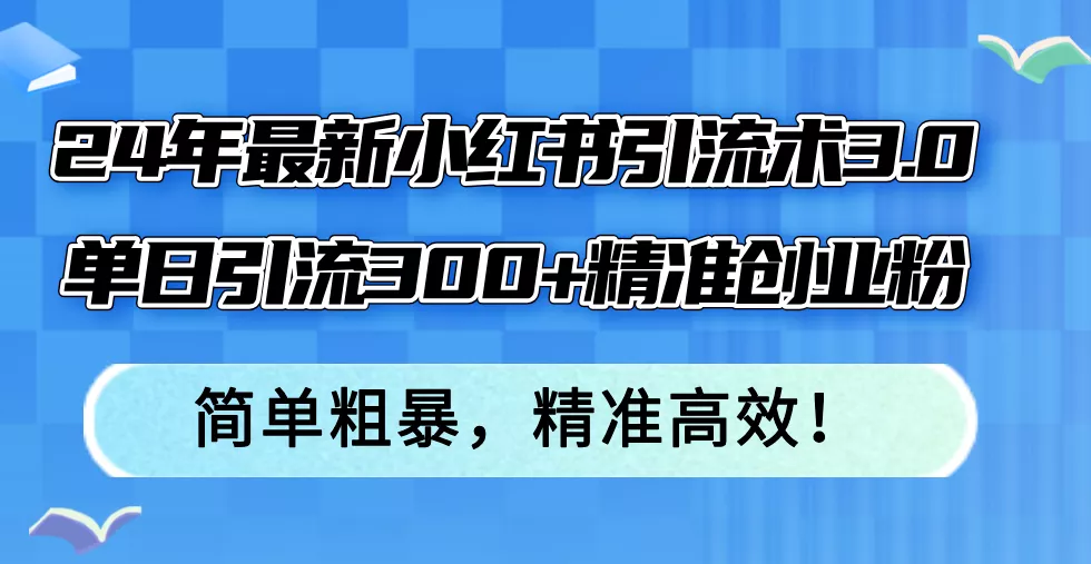 24年最新小红书引流术3.0，单日引流300+精准创业粉，简单粗暴，精准高效！-山河网创