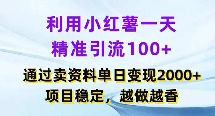 利用小红书一天精准引流100+，通过卖项目单日变现2k+，项目稳定，越做越香【揭秘】-山河网创
