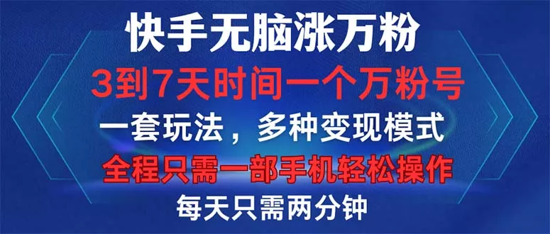 快手无脑涨万粉，3到7天时间一个万粉号，全程一部手机轻松操作，每天只…-山河网创