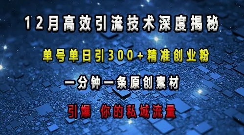 最新高效引流技术深度揭秘 ，单号单日引300+精准创业粉，一分钟一条原创素材，引爆你的私域流量-山河网创