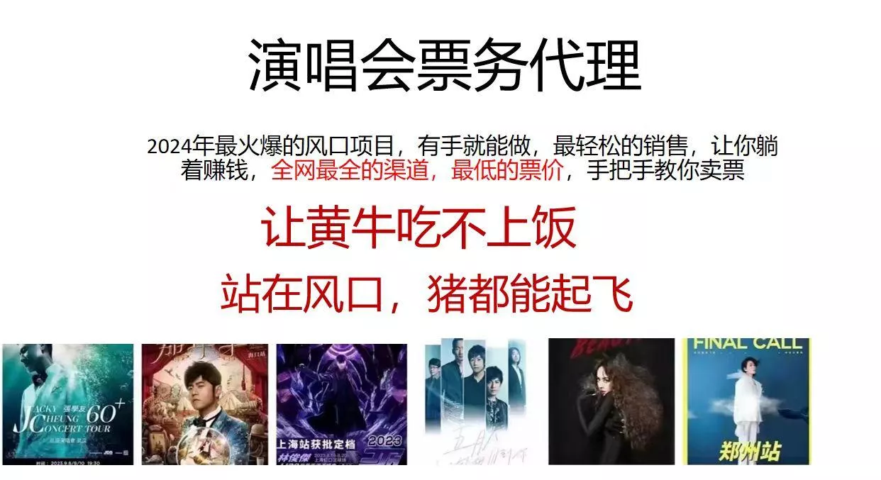 演唱会票务代理，2024年最火爆风口项目，全网最低的票价，小白一分钟上…-山河网创