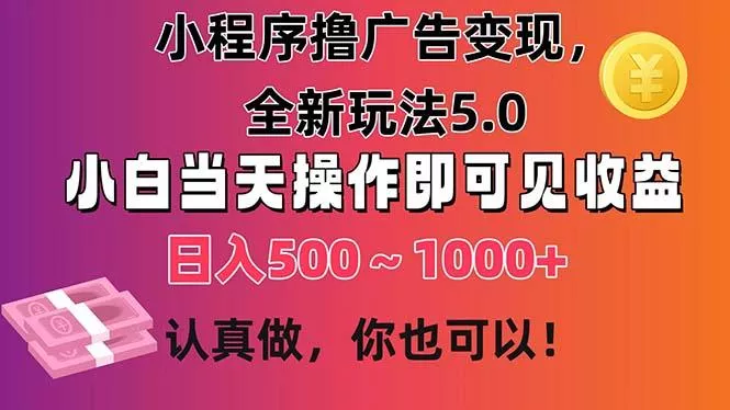小程序撸广告变现，全新玩法5.0，小白当天操作即可上手，日收益 500~1000+-山河网创