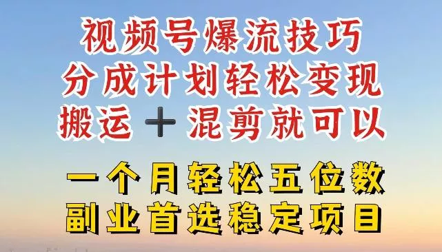 视频号爆流技巧，分成计划轻松变现，搬运 +混剪就可以，一个月轻松五位数稳定项目【揭秘】-山河网创